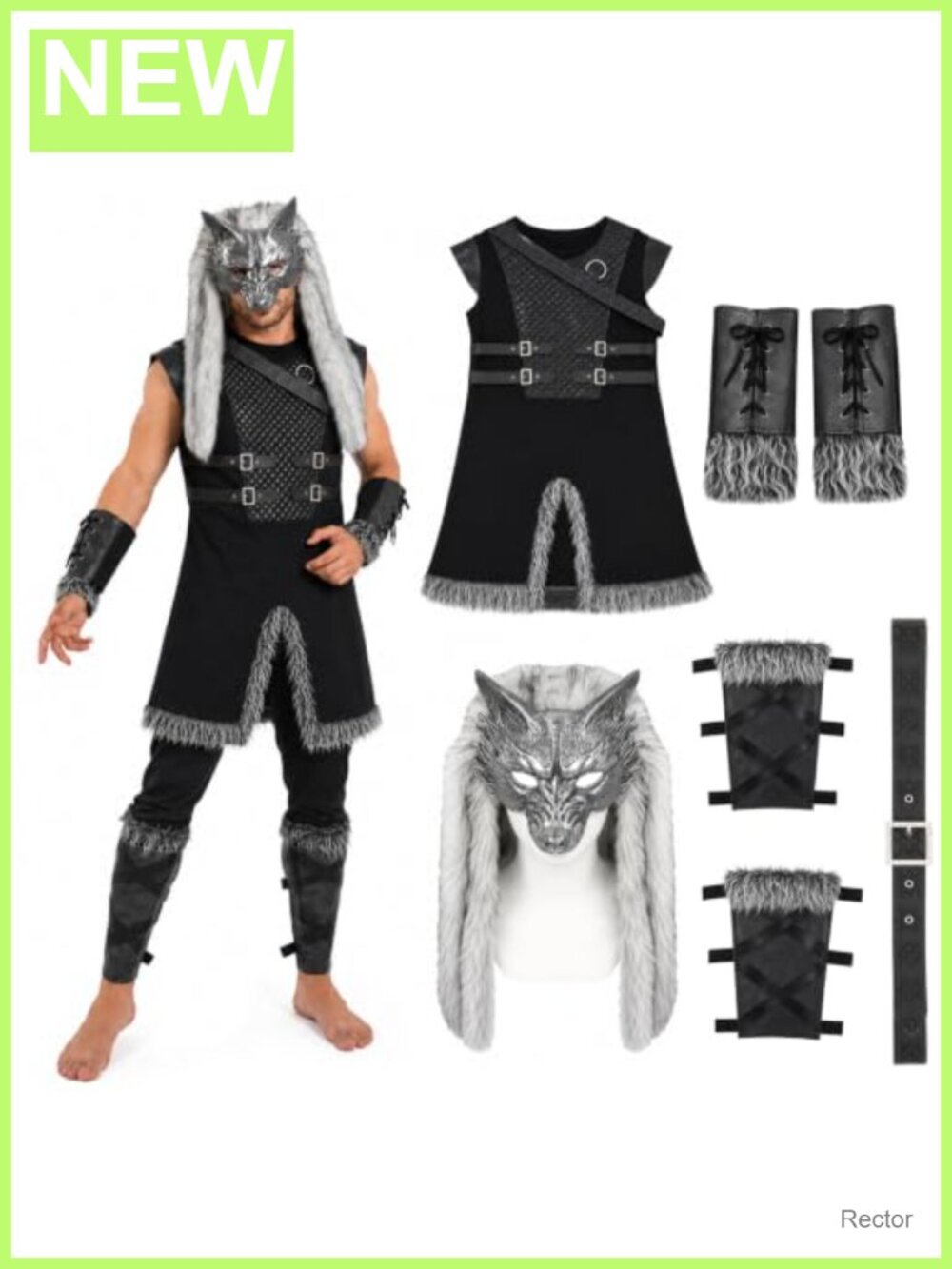 Viking warrior costume set with faux fur and wolf mask